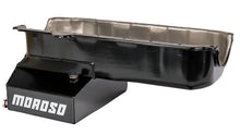 Load image into Gallery viewer, Moroso Pre-85 Chevrolet Small Block (w/Passenger Side Dipstick) Wet Sump 7qt 8in Steel Oil Pan - Blk - Installation View