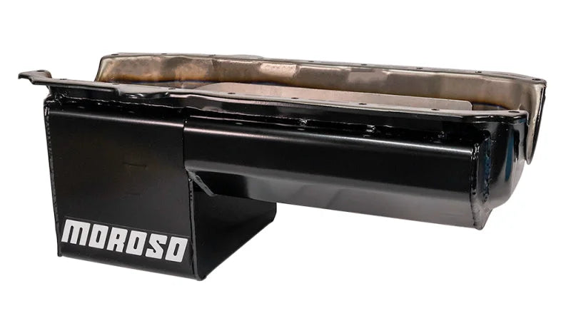 Moroso Pre-85 Chevrolet Small Block/Dart SHP Power Pouch Wet Sump 7qt 8.25in Steel Oil Pan - Black - Installation View