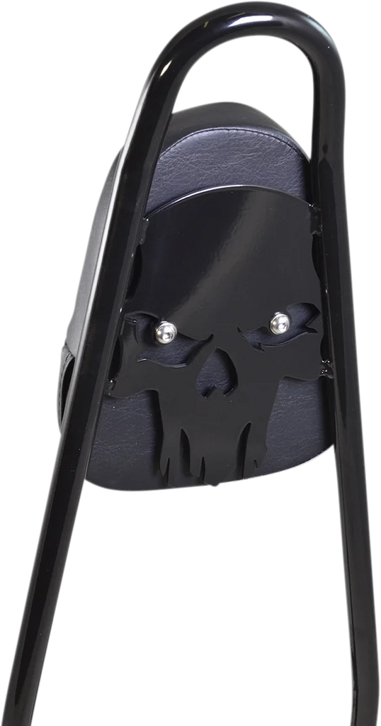 Motherwell One-Piece Sissy Bar - Gloss Black - Skull - With Pad 156T18-GB-SK-WP - Back View