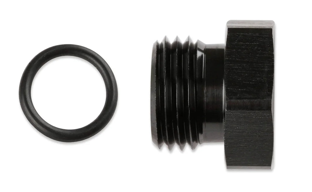 Mr Gasket -6 AN Port Plug with O-Ring Seal, Black Anodized Aluminum - 2 pieces 481406-BL - Detail View