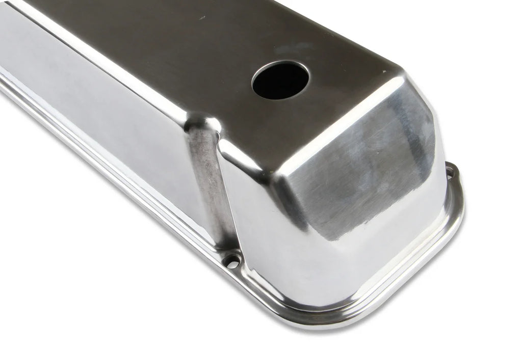 Mr Gasket Cast Aluminum Tall Valve Covers - Polished fits 1968-1997 Ford / Lincoln / Mercury - Back View
