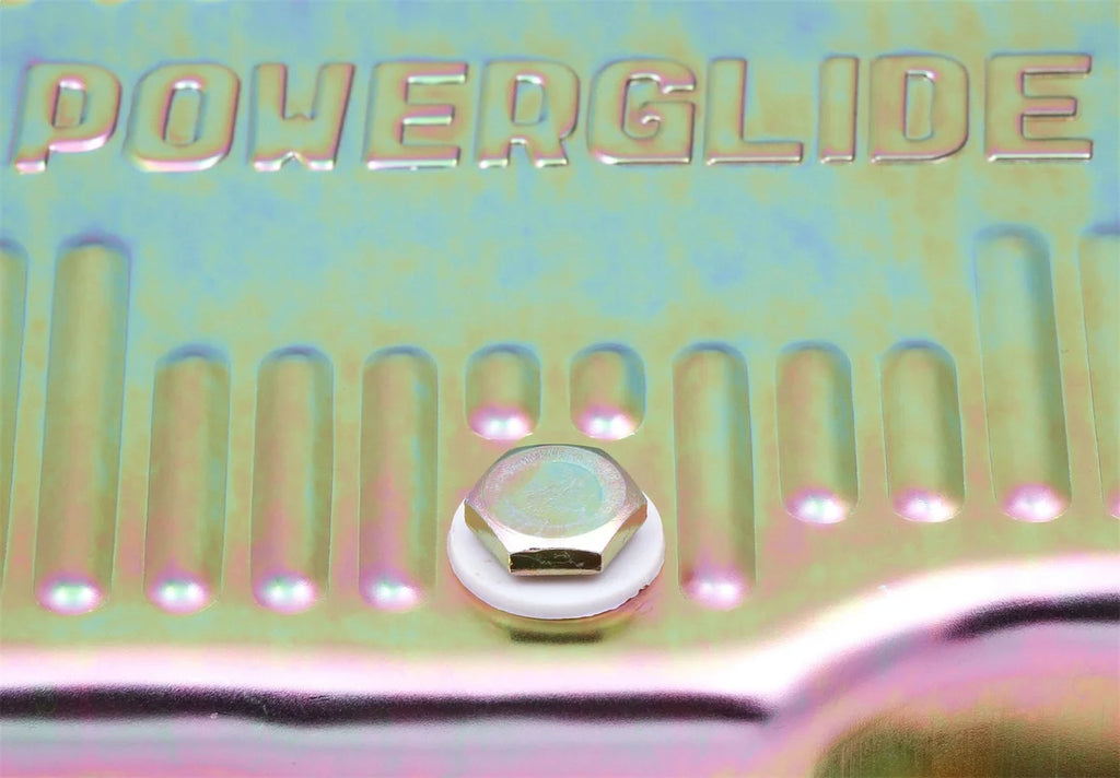 Mr Gasket Fits GM Powerglide. Stock depth and capacity. Finned design. 9769ZMRG - Back View