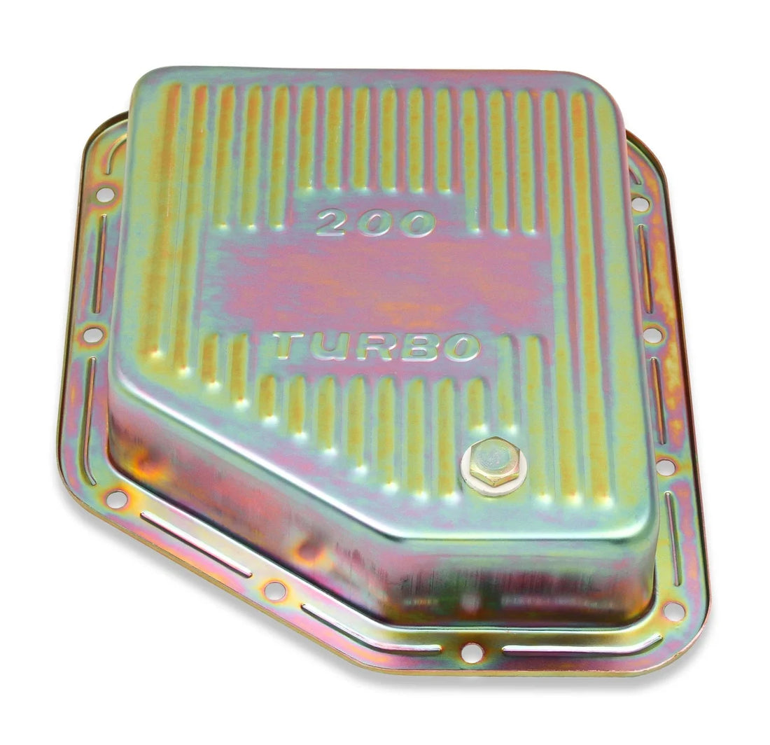 Mr Gasket Fits GM TH200. Stock depth and capacity. Finned design. 9768ZMRG - Side View