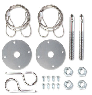 Mr Gasket Hood pin kit with hairpin style clips, lanyard cables, and scuff plates. 1616 - Main Product View