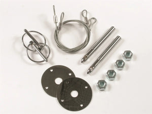 Mr Gasket Hood pin kit with torsion style clips, lanyard cables, and scuff plates. 1617