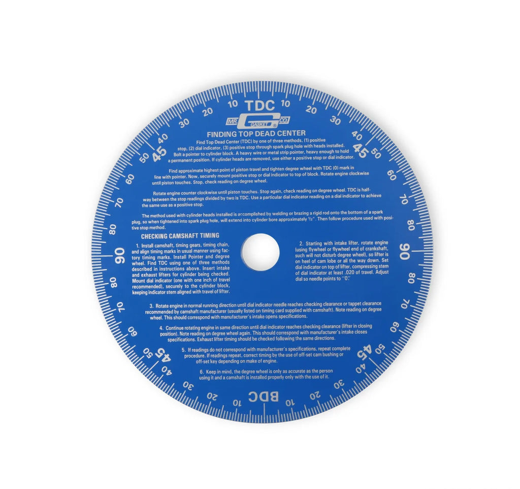 Mr Gasket This universal cam degree wheel has a 7 Inch diameter and is blue. - Side View