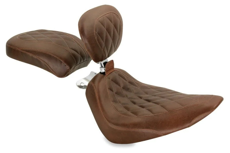 Mustang 00-15 Harley Softail Rear Tire Wide Tripper Solo Seat w/Driver Backrest - Distressed Brown - Main Product View