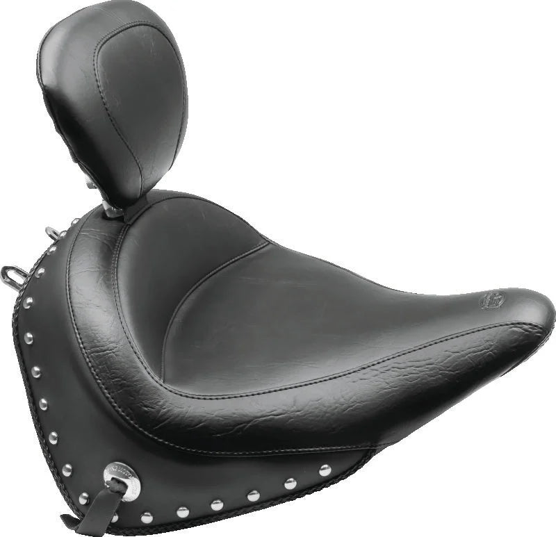 Mustang 00-15 Harley Softail Std Rear Tire Wide Touring Solo Seat w/Driver Backrest Studs- Black - Side View