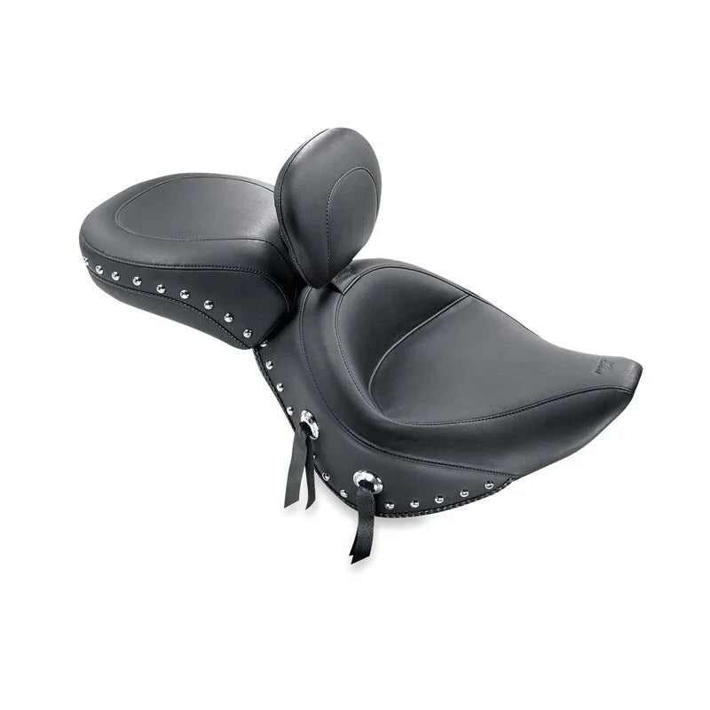 Mustang 00-15 Harley Softail Std Rear Tire Wide Touring Solo Seat w/Driver Backrest w/Studs - Black - Side View