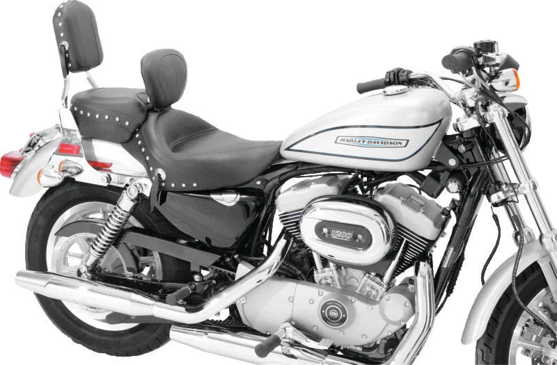 Mustang 04-21 Harley Sportster 3.3 Wide Stud Touring Solo Seat w/Driver Backrest - Black - Detail View