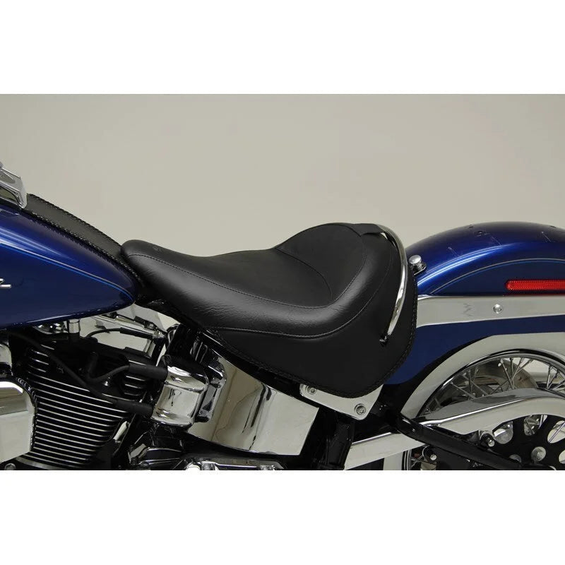 Mustang 05-17 Harley Deluxe(w/ Standard Rack) Wide Touring Solo Seat w/Driver Backrest - Black - Side View