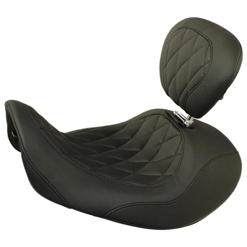 Mustang 06-17 Harley Dyna Wide Tripper Forward Solo Seat w/Driver Backrest Diamond Stitch - Black - Side View