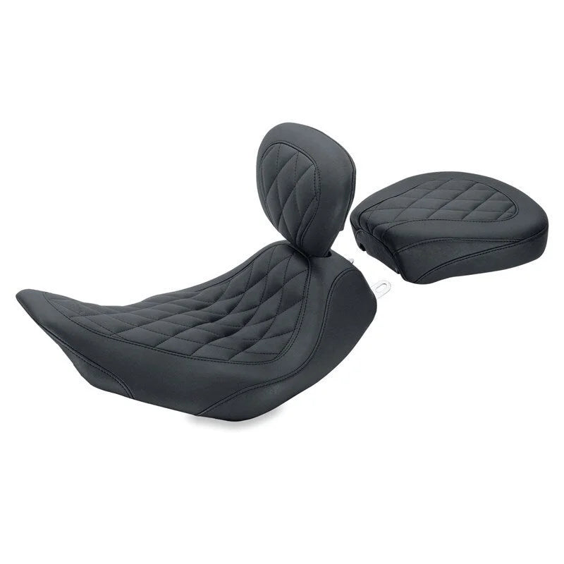 Mustang 06-17 Harley Dyna Wide Tripper Solo Seat w/Driver Backrest Diamond Stitch - Black - Side View