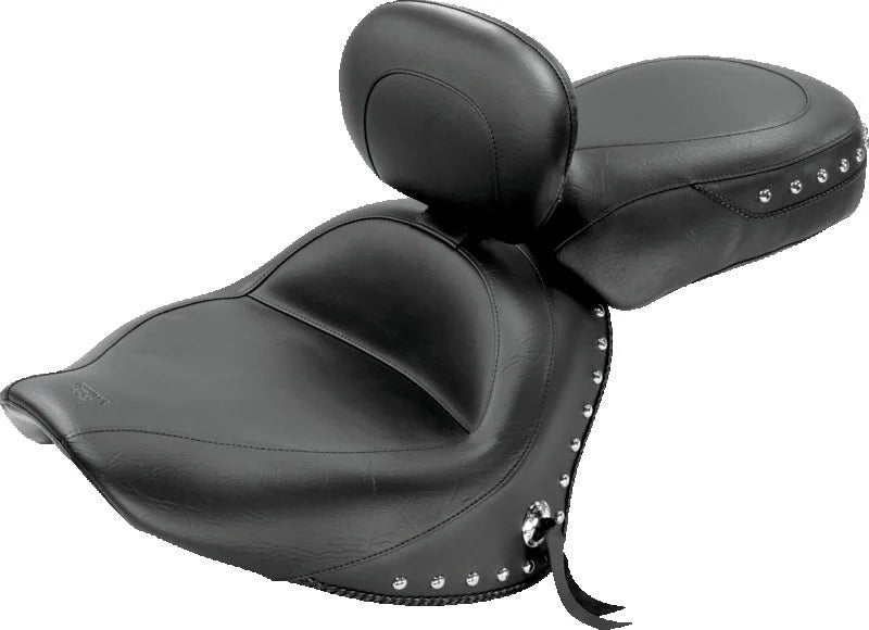 Mustang 07-17 Yamaha V-Star 1300,1300 Tourer Wide 2PC Seat w/ Driver Backrest Studs- Black - Side View
