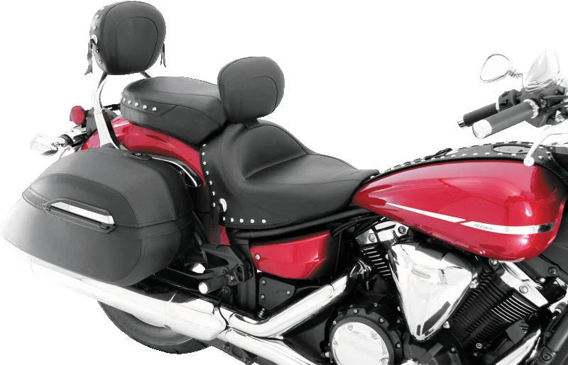Mustang 07-17 Yamaha V-Star 1300,1300 Tourer Wide 2PC Seat w/ Driver Backrest Studs- Black - Detail View