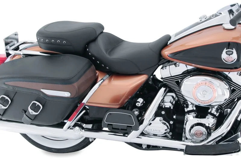Mustang 08-21 Harley Electra Glide, Rd Glide, Rd King, Str Glide Tour Pass Seat w/Studs - Black - Side View