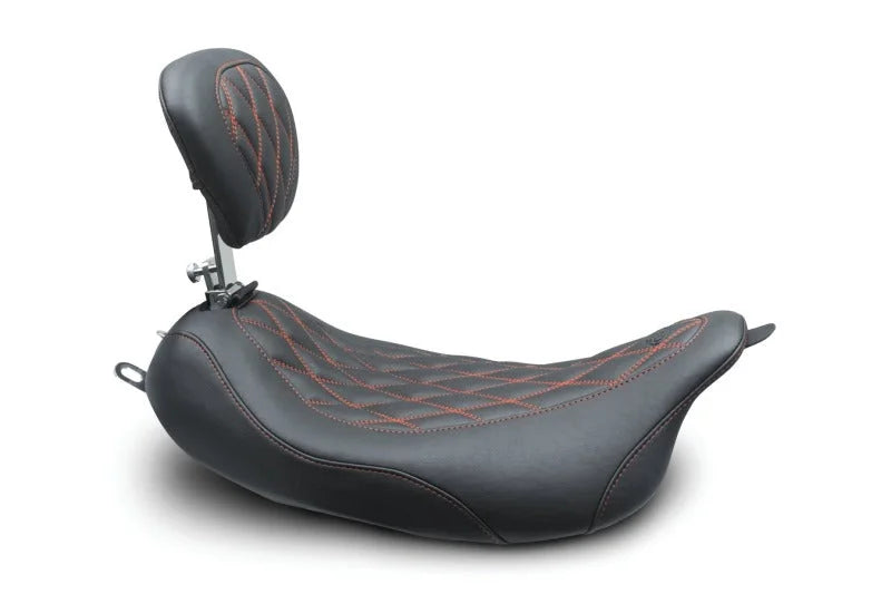 Mustang 08-21 Harley Wide Tripper FL Touring Pass Seat w/ Dr Backrest, Red Diamond Stitch - Black - Side View