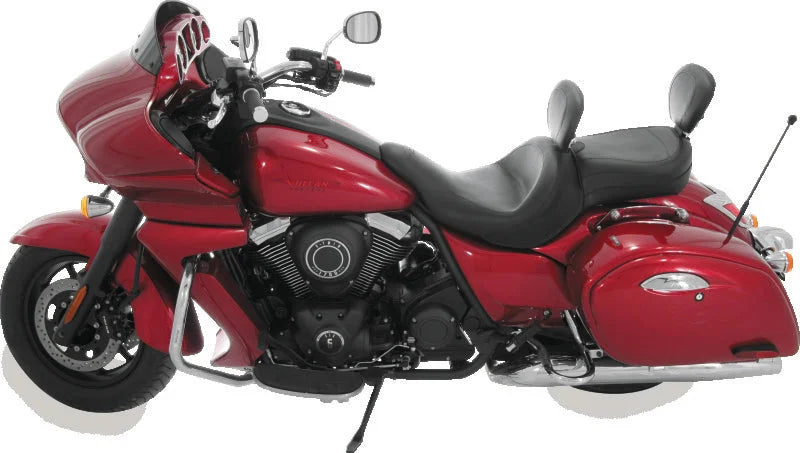 Mustang 11-19 Kawasaki Vulcan 1700, Vaquero Std Touring 1PC Seat w/Driver and Pass Backrest - Black - Installation View