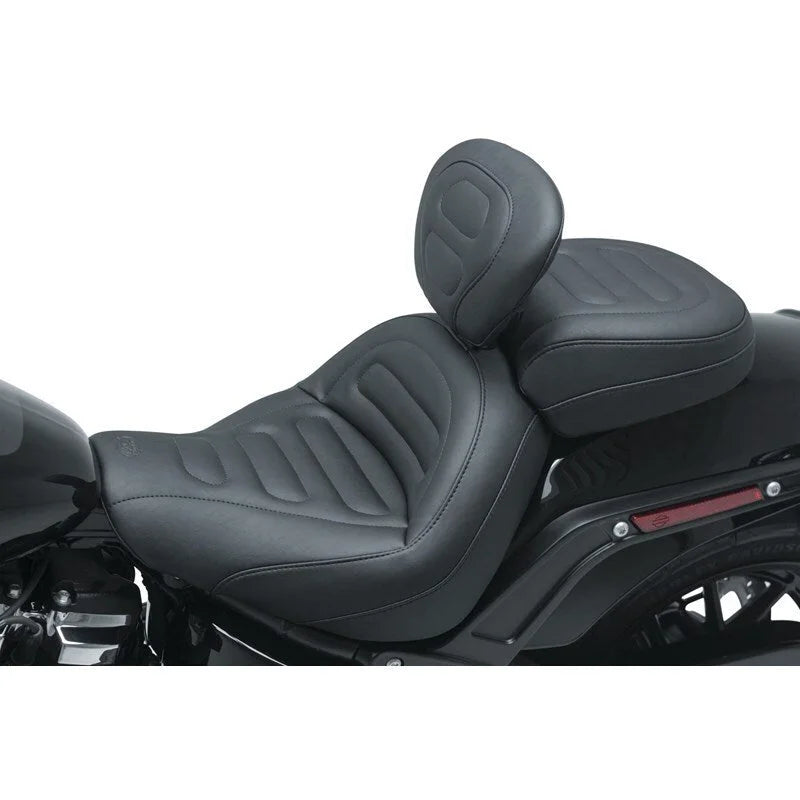 Mustang 18-21 Harley Fat Bob Standard Touring Solo Seat w/Driver Backrest - Black - Side View