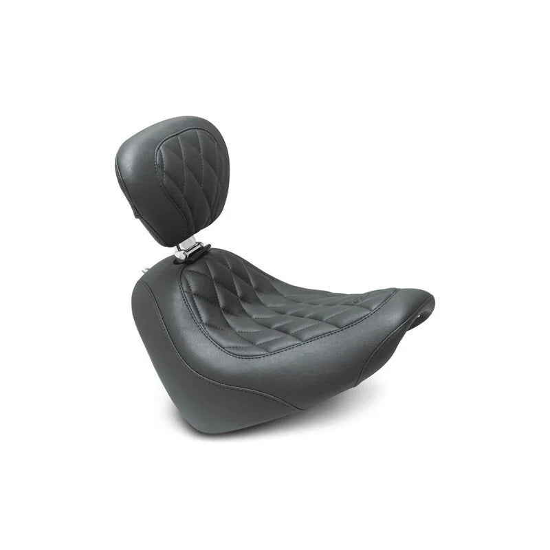 Mustang 18-21 Harley Fat Bob Wide Tripper Solo Seat w/Driver Backrest Diamond Stitch - Black - Side View