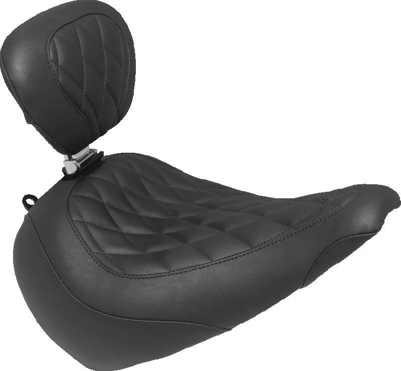 Mustang 18-21 Harley Fat Boy Wide Tripper Solo Seat w/Driver Backrest Diamond Stitch - Black - Main Product View