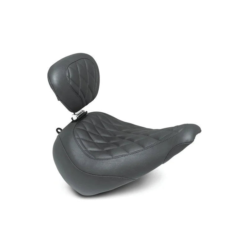 Mustang 18-21 Harley Fat Boy Wide Tripper Solo Seat w/Driver Backrest Diamond Stitch - Black - Side View