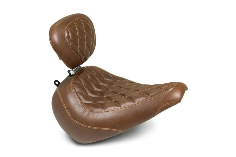 Mustang 18-21 Harley Fat Boy Wide Tripper Solo Seat w/Driver Backrest Diamond Stitch - Brown - Main Product View