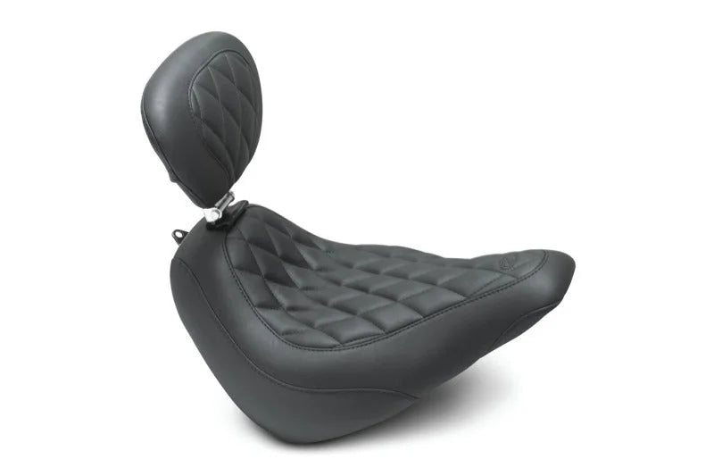 Mustang 18-21 Harley Street Bob Wide Tripper Solo Seat w/Driver Backrest Diamond Stitch - Black - Side View