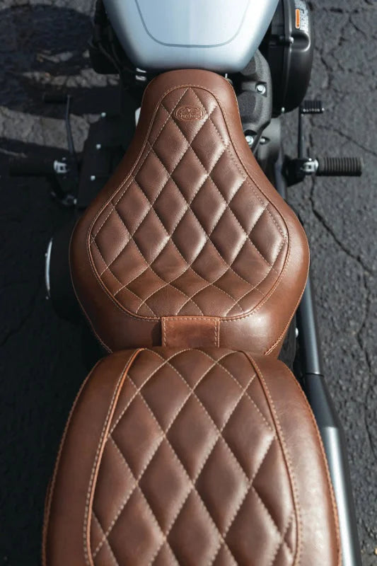 Mustang 18-21 Harley Street Bob Wide Tripper Solo Seat w/Driver Backrest Diamond Stitch - Brown - Detail View