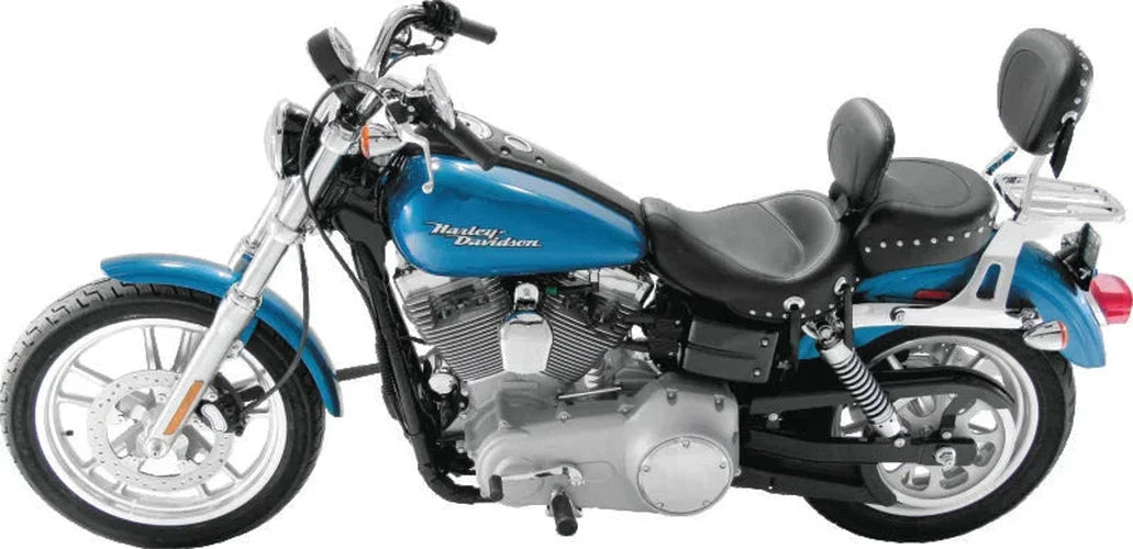 Mustang 06-17 Harley Dyna Wide Touring Solo Seat w/Driver Backrest w/Studs - Black - Side View