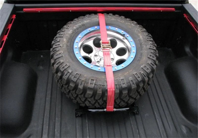 N-Fab Bed Mounted Rapid Tire Strap Universal - Gloss Black - Red Strap - Side View