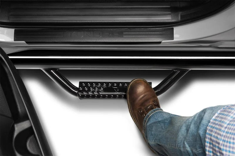 N-Fab Nerf Step 16-17 Toyota Tacoma Access Cab 6ft Bed - Gloss Black - W2W - SRW - 2in - Side View