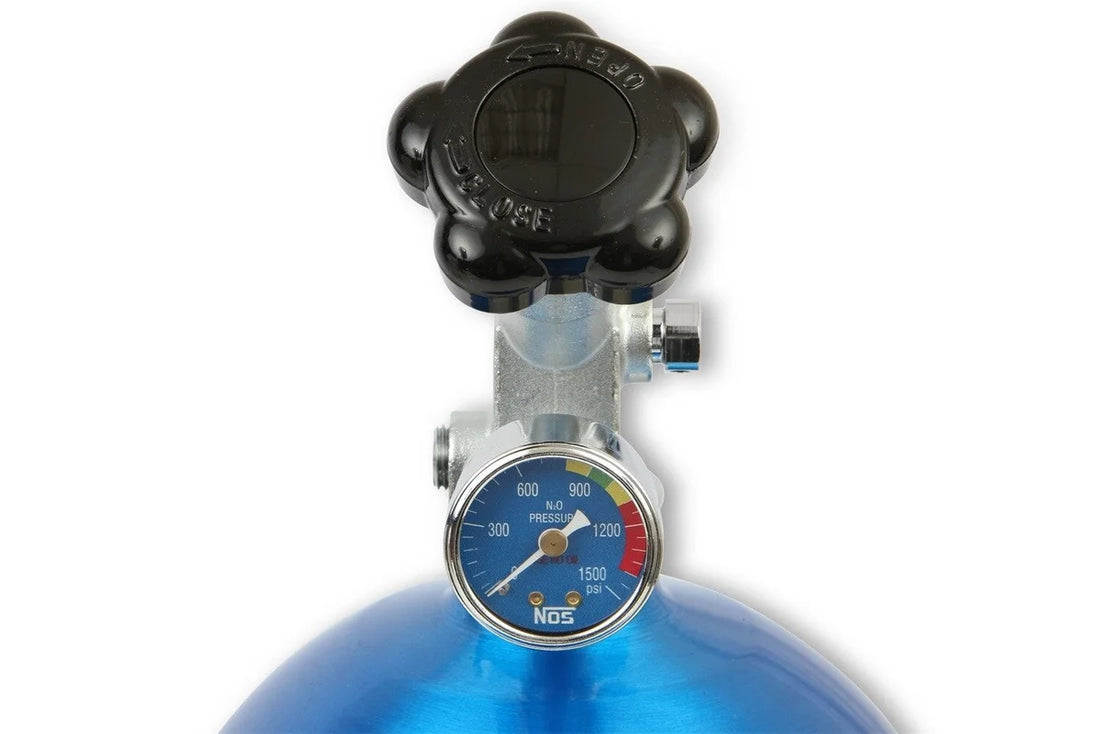 NOS/Nitrous Oxide System 10 lb Nitrous Bottle w/ NOS Blue Finish & Super Hi Flo Valve 14745NOS - Back View