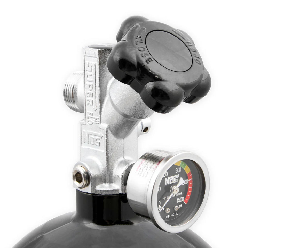 NOS/Nitrous Oxide System 15 lb Nitrous Bottle w/ Black Finish & Super Hi Flo Valve w/ Gauge 14750BNOS - Back View