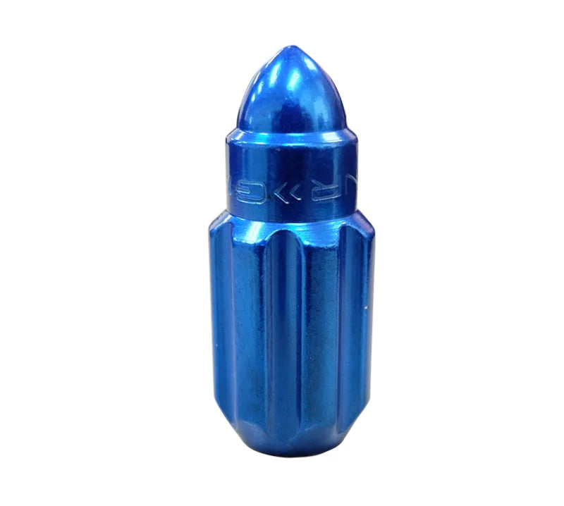 NRG 500 Series M12 X 1.5 Bullet Shape Steel Lug Nut Set - 21 Pc w/Lock Key - Blue - Side View