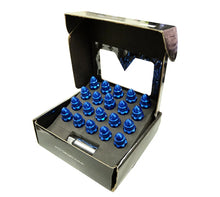Load image into Gallery viewer, NRG 500 Series M12 X 1.5 Bullet Shape Steel Lug Nut Set - 21 Pc w/Lock Key - Blue - Back View