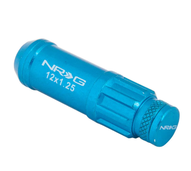 NRG 700 Series M12 X 1.25 Steel Lug Nut w/Dust Cap Cover Set 21 Pc w/Locks & Lock Socket - Blue - Back View