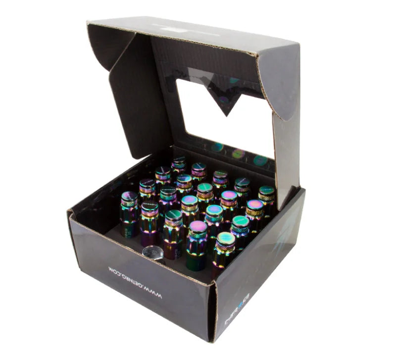 NRG 700 Series M12 X 1.25 Steel Lug Nut w/Dust Cap Cover Set 21 Pc w/Locks & Lock Socket - Neochrome - Side View