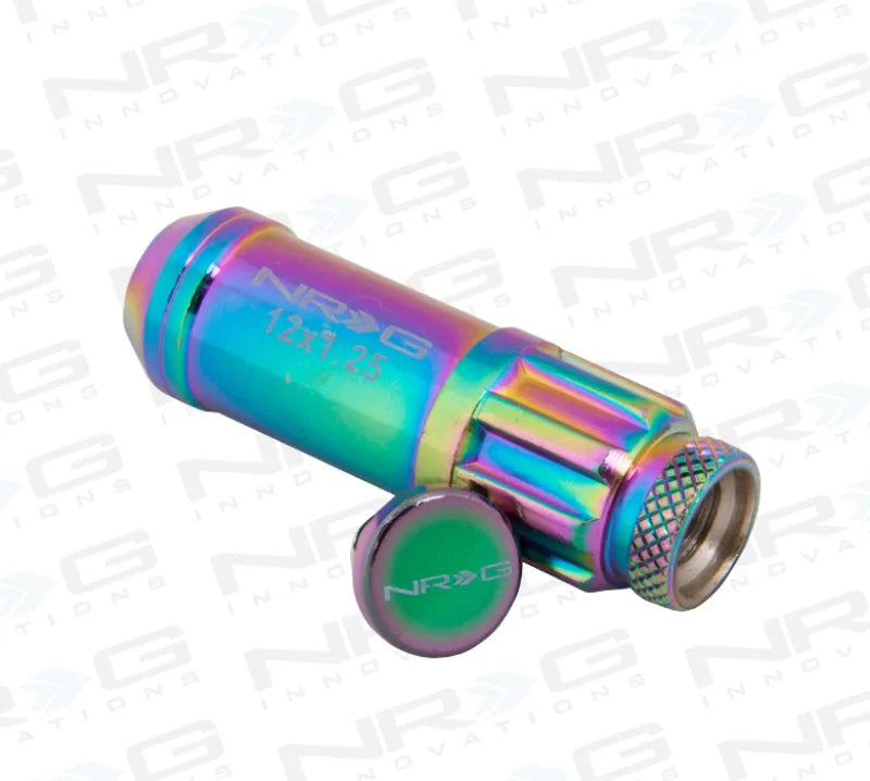 NRG 700 Series M12 X 1.25 Steel Lug Nut w/Dust Cap Cover Set 21 Pc w/Locks & Lock Socket - Neochrome - Back View