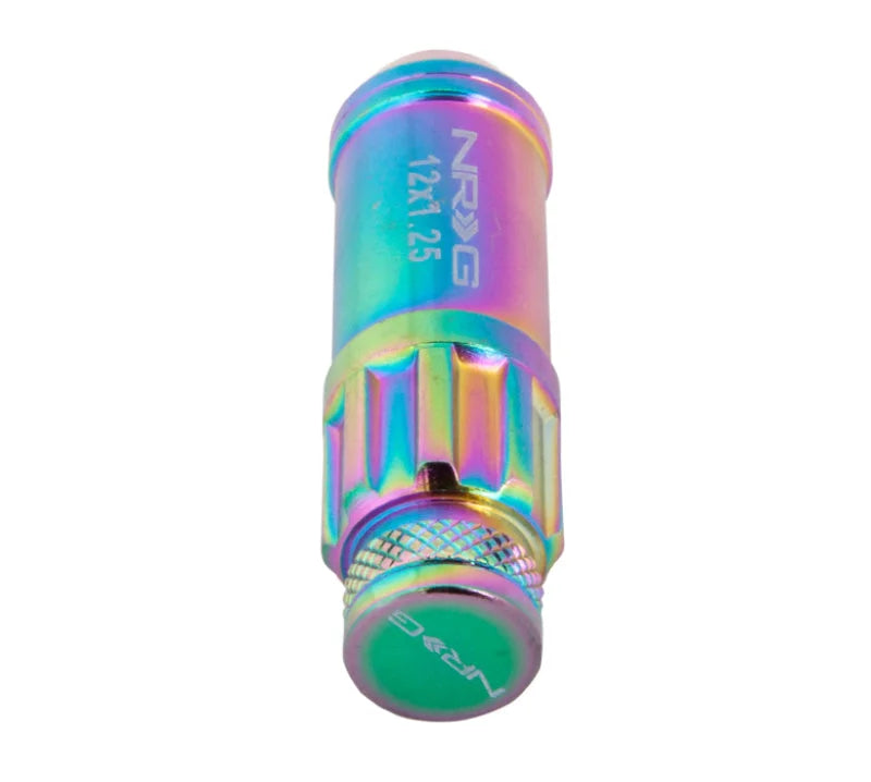 NRG 700 Series M12 X 1.25 Steel Lug Nut w/Dust Cap Cover Set 21 Pc w/Locks & Lock Socket - Neochrome - Installation View