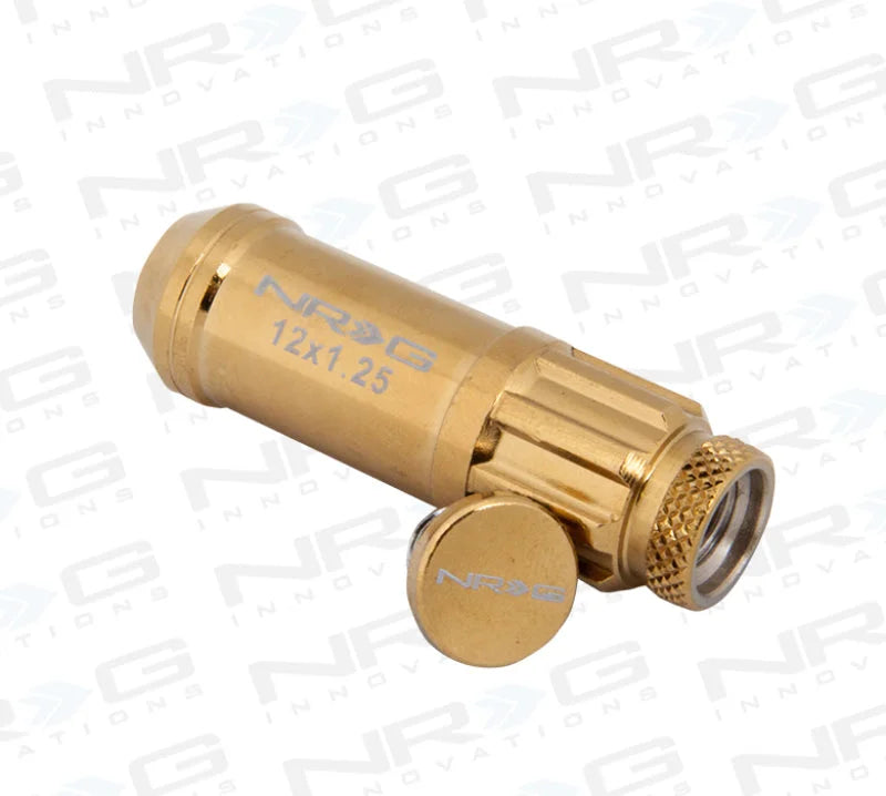 NRG 700 Series M12 X 1.25 Steel Lug Nut w/Dust Cap Cover Set 21 Pc w/Locks & Socket - Chrome Gold - Side View