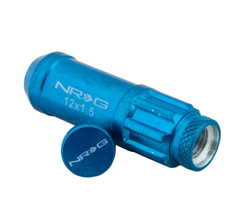 NRG 700 Series M12 X 1.5 Steel Lug Nut w/Dust Cap Cover Set 21 Pc w/Locks & Lock Socket - Blue - Installation View