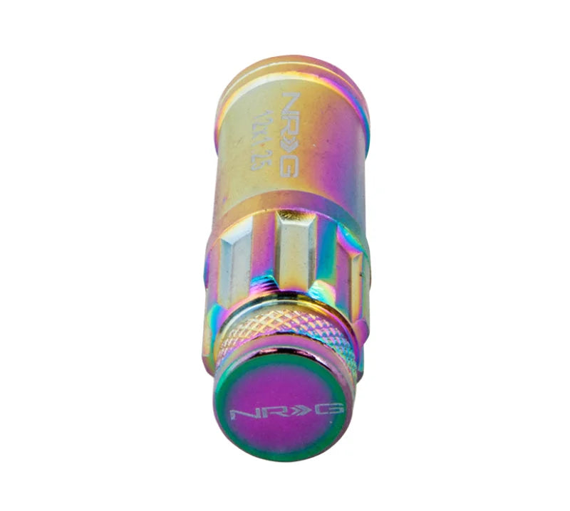 NRG 700 Series M12 X 1.5 Steel Lug Nut w/Dust Cap Cover Set 21 Pc w/Locks & Lock Socket - Neochrome - Side View