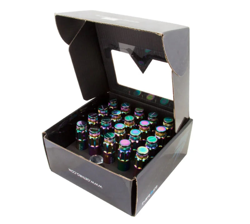 NRG 700 Series M12 X 1.5 Steel Lug Nut w/Dust Cap Cover Set 21 Pc w/Locks & Lock Socket - Neochrome - Back View
