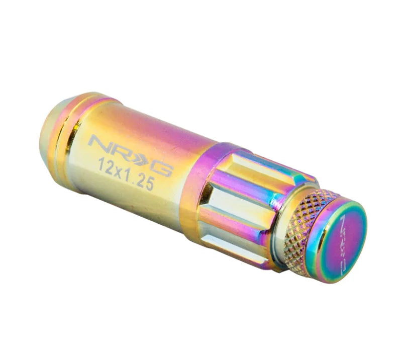 NRG 700 Series M12 X 1.5 Steel Lug Nut w/Dust Cap Cover Set 21 Pc w/Locks & Lock Socket - Neochrome - Installation View