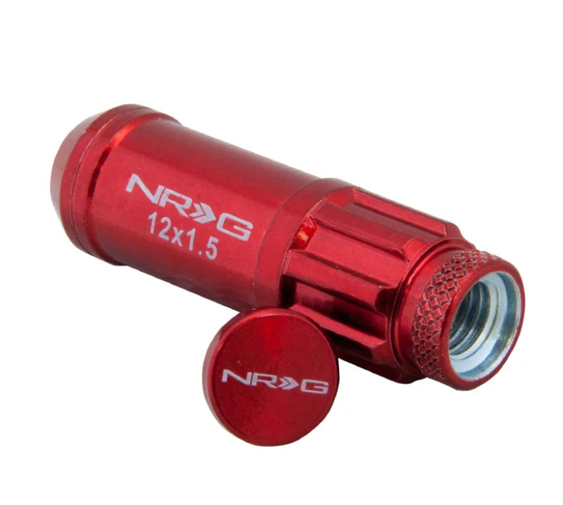 NRG 700 Series M12 X 1.5 Steel Lug Nut w/Dust Cap Cover Set 21 Pc w/Locks & Lock Socket - Red - Side View
