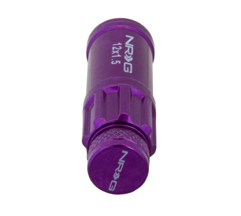 NRG 700 Series M12 X 1.5 Steel Lug Nut w/Dust Cap Cover Set 21 Pc w/Locks & Lock Socket - Purple - Back View