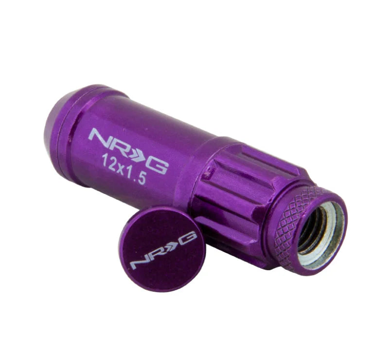 NRG 700 Series M12 X 1.5 Steel Lug Nut w/Dust Cap Cover Set 21 Pc w/Locks & Lock Socket - Purple - Installation View