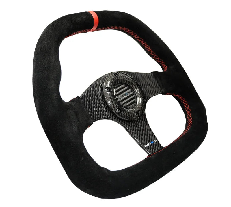 NRG Carbon Fiber Steering Wheel (320mm) Flat Btm. Blk Suede/Red Stitch w/CF Spokes & Red Center Mark - Side View