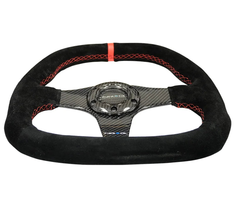 NRG Carbon Fiber Steering Wheel (320mm) Flat Btm. Blk Suede/Red Stitch w/CF Spokes & Red Center Mark - Detail View